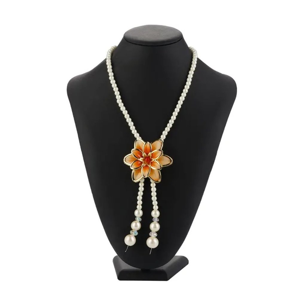 Pearl Necklace with a Large Polished Glass Flower Shape Pendant